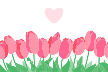 Border of red tulips.  Spring pink flowers. Vector floral set . Seamless horizontal pattern.