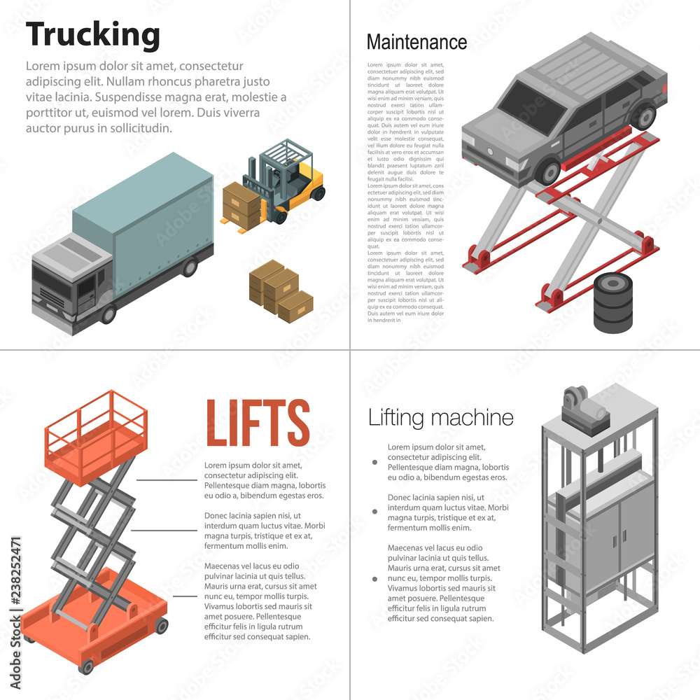 Aufkleber lifting machine banner set. isometric set of lifting machine vector banner for web design