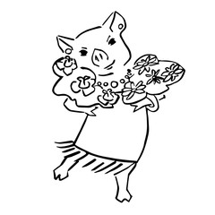 happy cute vector pig cartoon with bouquet