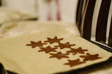 Making Gingerbread Cookies Series. Cutting dough sheet into shapes.