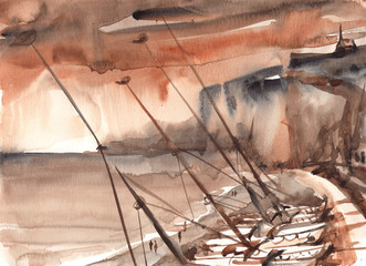 sepia watercolor landscape