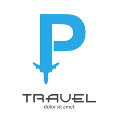 Logotipo TRAVEL con letra P con avión color azul