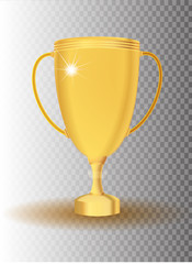 Golden trophy cup, vector icon on transparent background. First place championship prize.