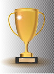 Golden trophy cup, vector icon on transparent background. First place championship prize.