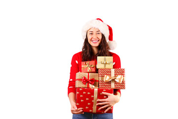 Beautiful smiling young woman wearing knitted sweater celebrating Christmas. Attractive brunette casual female, new years eve. Ugly Christmas sweater concept. Background, copy space, close up portrait