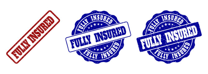 FULLY INSURED grunge stamp seals in red and blue colors. Vector FULLY INSURED marks with grunge style. Graphic elements are rounded rectangles, rosettes, circles and text captions.