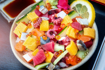 Japanese mix sashimi salad with rice.