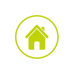 Fototapeta premium Flat green home in green circle. Simple silhouette of the house with big roof and chimney.