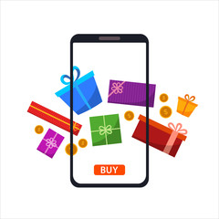 Phone gadget with different gifts presents. Concept of online shopping in flat style. Vector flat illustration.