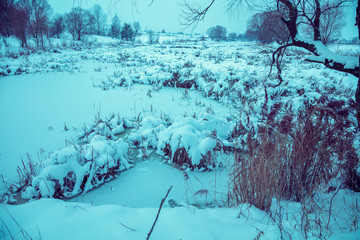 Beautiful rural winter landscape. Frozen brook  covered with snow