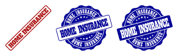 HOME INSURANCE grunge stamp seals in red and blue colors. Vector HOME INSURANCE watermarks with grunge surface. Graphic elements are rounded rectangles, rosettes, circles and text captions.