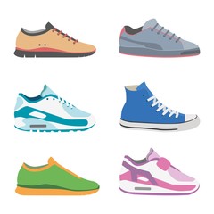 A set of sneaker icons, training shoes, sports shoes. Vector illustration isolated on background.