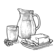 still life jug and a glass of milk next to the cheese and flower vector illustration
