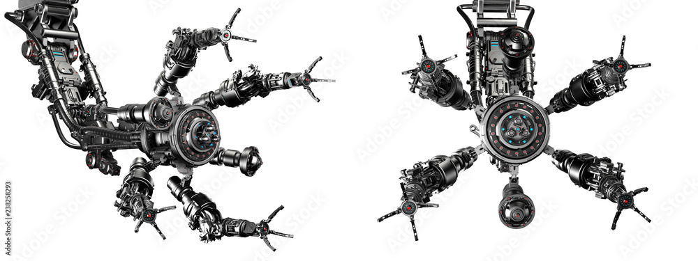 Poster assembly robot, construction arm or industrial robot manipulator. two different views isolted on whi