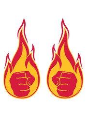 magisch super kraft held 2 fäuste brennen heiß flammen feuer faust hand geballt aufschlagen boxen aggressiv wütend stark schlagen protest comic cartoon clipart design