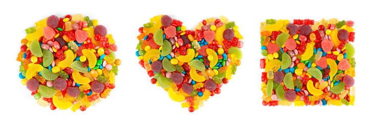 Fototapeta na wymiar Mixed colorful candies. Collection of heart, circle and square of color sweets on white
