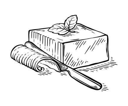Hand drawn fresh slice sketch piece of butter with knife vector illustration