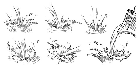 set of hand drawn sketch water or milk splash crown vector