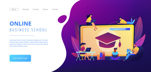 Students with laptops studying and huge laptop with graduation cap. Free online courses, online certificate courses, online business school concept. Website vibrant violet landing web page template.