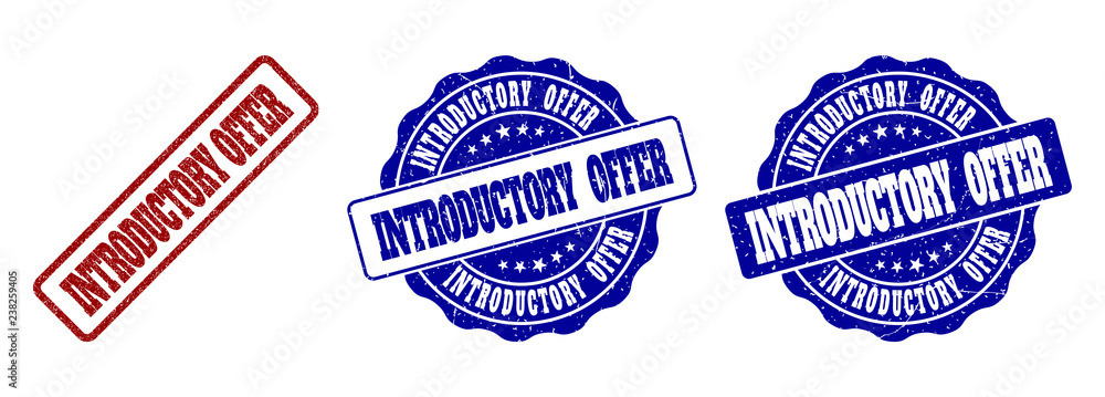 Poster introductory offer grunge stamp seals in red and blue colors. vector introductory offer labels with 