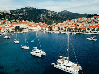 Aerial view photo of picturesque port with sailboats and yachts