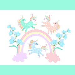 Funny little pony unicorns playing among the rainbow and clouds, from which grow blue bell flowers isolated on  white background in vector. Print for T-shirt. Magic pattern for children.