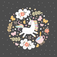Magic round pattern with cute unicorn, butterflies, flowers, cup of tea and stars. Vector illustration for print on t-shirts, greeting or invitation cards.