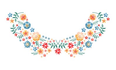 Embroidery design for neckline with beautiful flowers and leaves. Colorful floral composition isolated on white background.