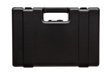 black pistol case with gold combination locks isolated on white