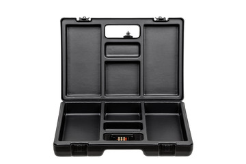 black pistol case with gold combination locks isolated on white