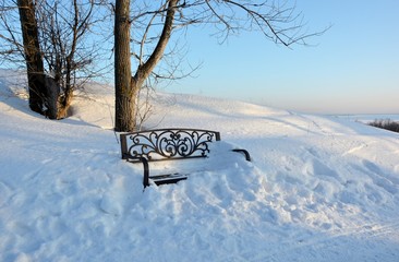 Winter landscape with a bench in the park on a clear day.