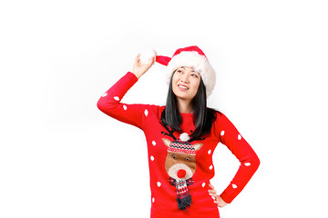 Beautiful smiling asian woman wearing knitted sweater celebrating Christmas. Attractive brunette casual female, new years eve. Ugly Christmas sweater concept. Background, copy space, close up portrait