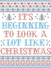 Its beginning to look a lot like Christmas scandinavian vector seamless pattern inspired by nordic culture festive winter in cross stitch with heart, snowflake, star,  snow, Christmas tree in colour