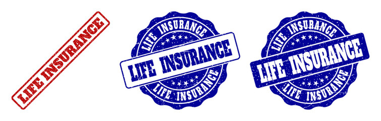 Fototapeta premium LIFE INSURANCE grunge stamp seals in red and blue colors. Vector LIFE INSURANCE watermarks with grunge effect. Graphic elements are rounded rectangles, rosettes, circles and text labels.
