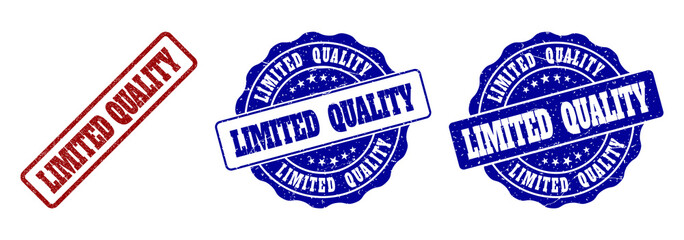 LIMITED QUALITY grunge stamp seals in red and blue colors. Vector LIMITED QUALITY overlays with grunge surface. Graphic elements are rounded rectangles, rosettes, circles and text tags.