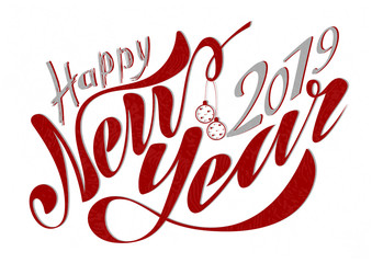 Beautiful handwritten text Happy New Year 2019. Vector illustration isolated on textured background with toys for postcard, label, packaging, logo, decoration.
