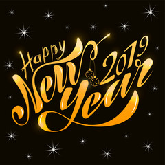 Beautiful handwritten text Happy New Year 2019. Vector illustration isolated on textured background with toys for postcard, label, packaging, logo, decoration.