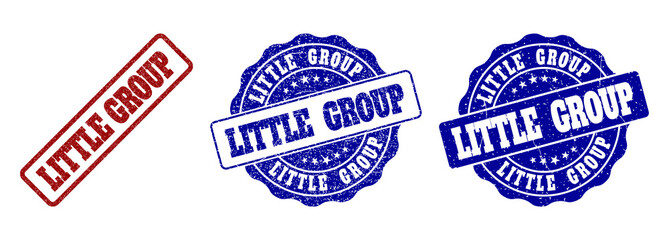 LITTLE GROUP grunge stamp seals in red and blue colors. Vector LITTLE GROUP labels with grainy style. Graphic elements are rounded rectangles, rosettes, circles and text titles.