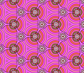 Seamless hexagonal bright pattern from geometrical abstract floral ornaments multicolored in pink and red shades. Vector illustration. Suitable for fabric, wallpaper and wrapping paper