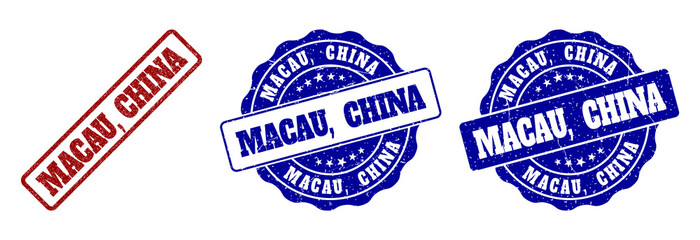 MACAU, CHINA grunge stamp seals in red and blue colors. Vector MACAU, CHINA labels with draft style. Graphic elements are rounded rectangles, rosettes, circles and text labels.