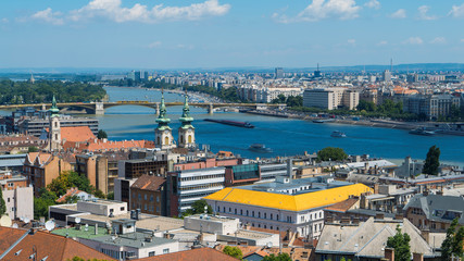 Fishermen's Bastion, Budapest, Hungary - 30 June 2018. Panoramic view of the Danube River and the city
