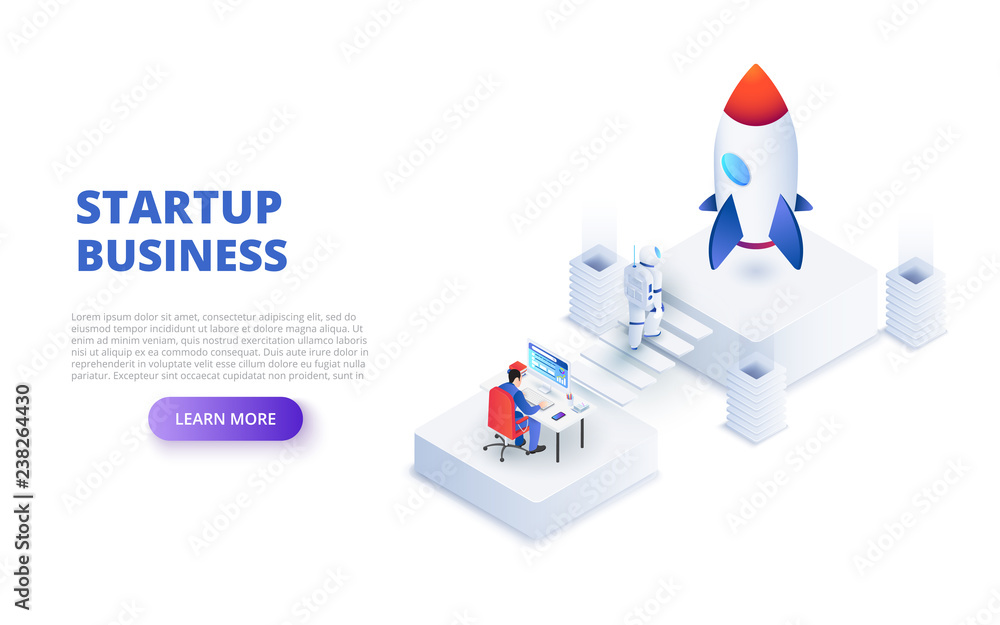 Aufkleber start up design concept with astronaut and working businessman. isometric vector illustration. landi