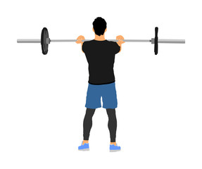 Obraz premium Weightlifter in gym vector illustration isolated on white background. Working out. Sports guy doing exercise with barbell. Sports man body builder in training. Health and fitness. Personal trainer.