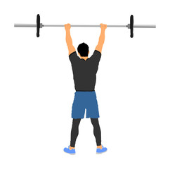 Weightlifter in gym vector illustration isolated on white background. Working out. Sports guy doing exercise with barbell. Sports man body builder in training. Health and fitness. Personal trainer.