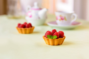 Homemade tartlets with raspberries fruits