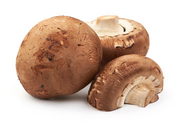 Mushrooms, Brown Champignons with half, close-up, isolated on white background