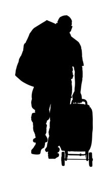 Passenger man with backpack and rolling suitcase walking to airport vector silhouette. Traveler with luggage go home carry baggage. Tourist with heavy bag cargo waiting taxi. Border refugee migration