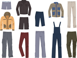Set of male clothing, denim and casual, jeans, jackets, pants and etc., isolated on white background.