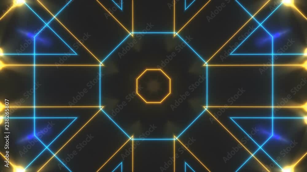 Poster abstract disco kaleidoscopes background with animated glowing neon colorful lines and geometric shap
