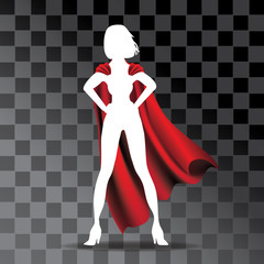 Cartoon super hero cape on woman's silhouette with transparent shadow. Eps10 vector illustration.